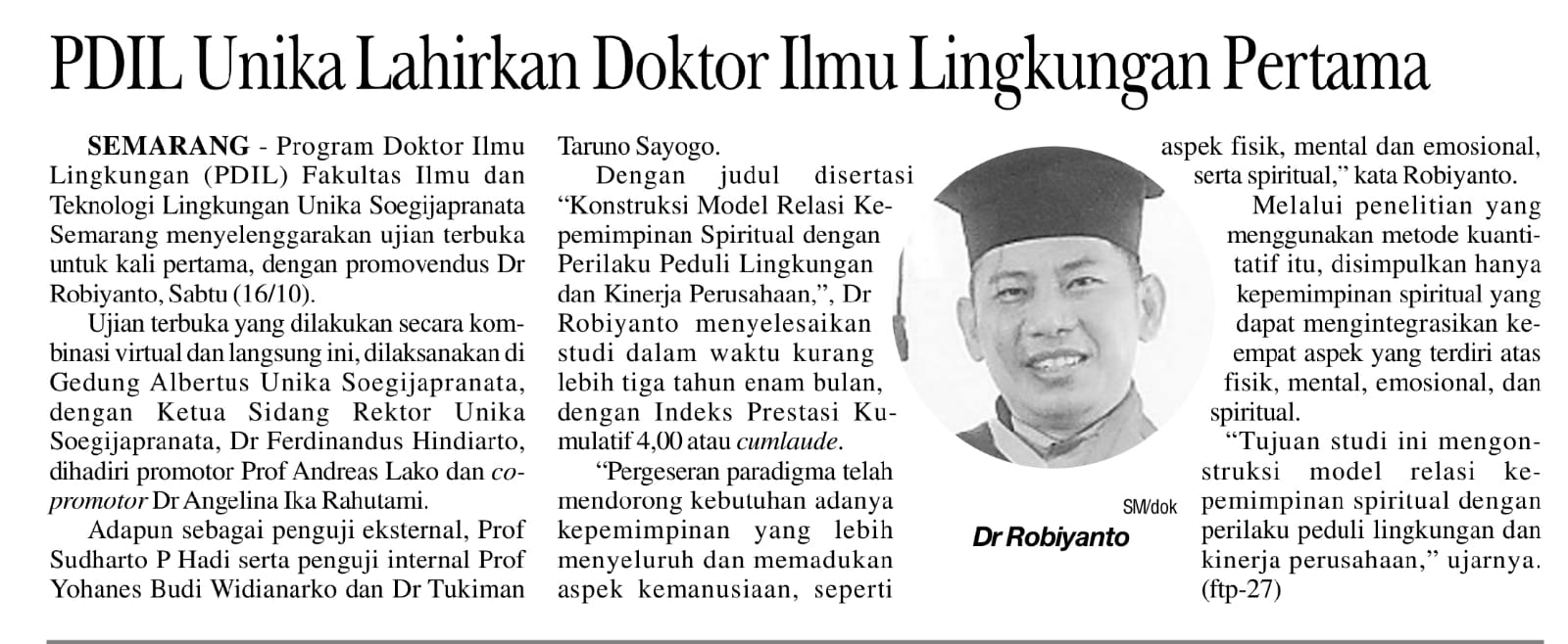 PDIL Unika Lahirkan Doktor Ilmu Lingkungan Pertama
