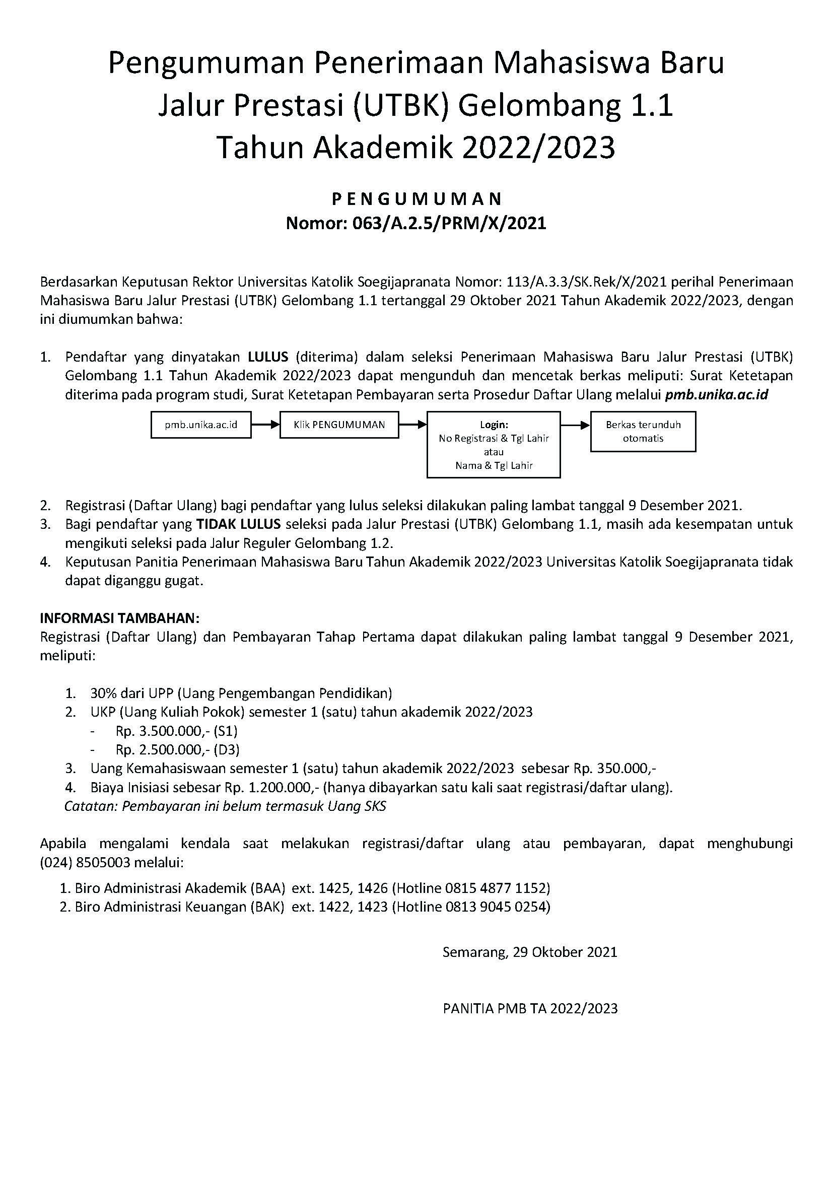 Pengumuman Penerimaan Mahasiswa Baru Jalur Prestasi (UTBK) Gelombang 1.1 Tahun Akademik 2022/2023