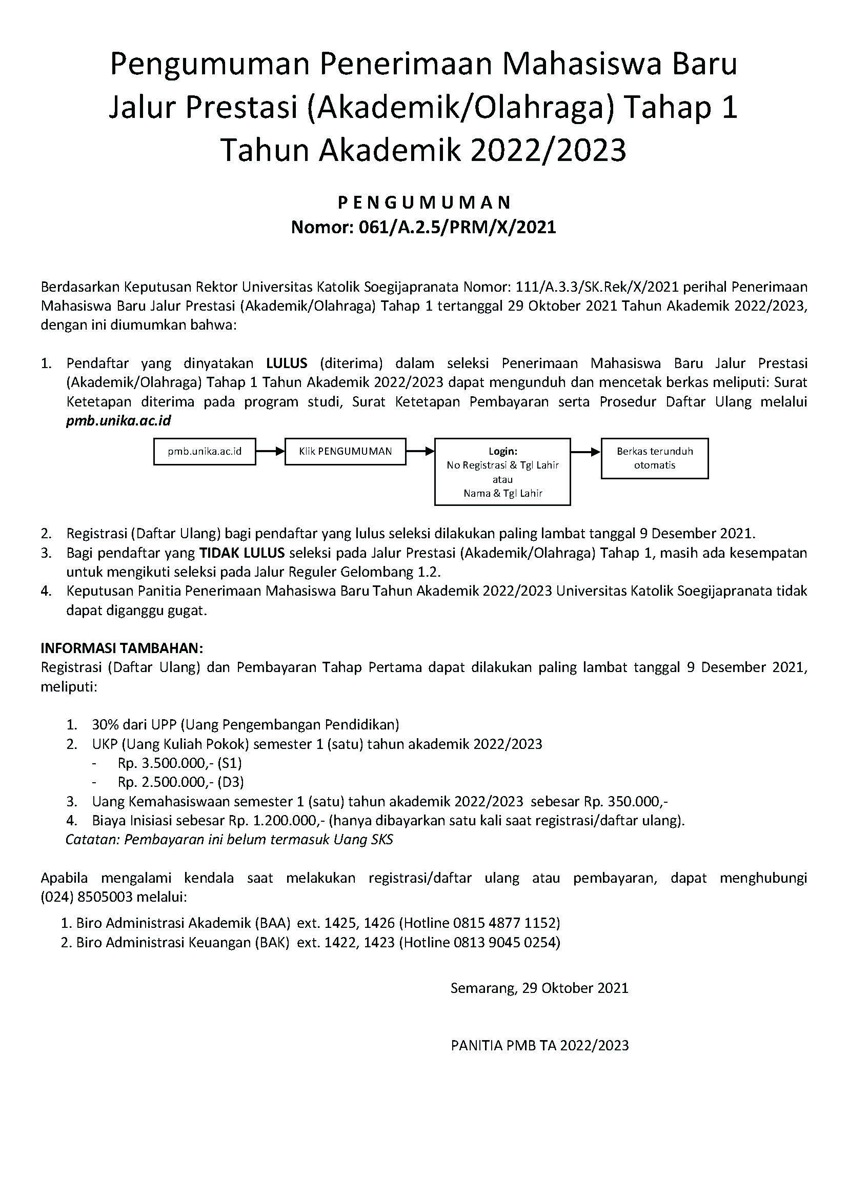Pengumuman Penerimaan Mahasiswa Baru Jalur Prestasi (Akademik/Olahraga) Tahap 1 Tahun Akademik 2022/2023