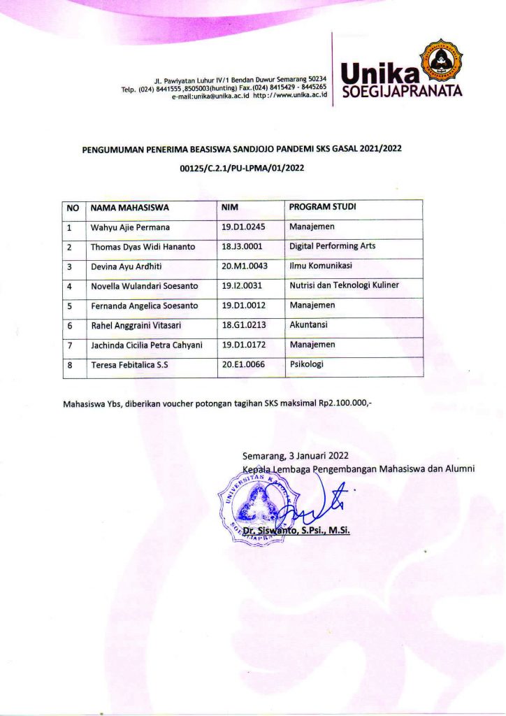 Pengumuman Penerima Beasiswa Sandjojo Pandemi SKS Gasal 2021/2022 Pengumuman Penerima Beasiswa Sandjojo Pandemi SKS Gasal 2021/2022