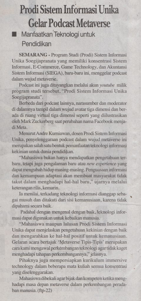 Manfaatkan Teknologi untuk Pendidikan, Prodi Sistem Informasi Unika Gelar Podcast Metaverse