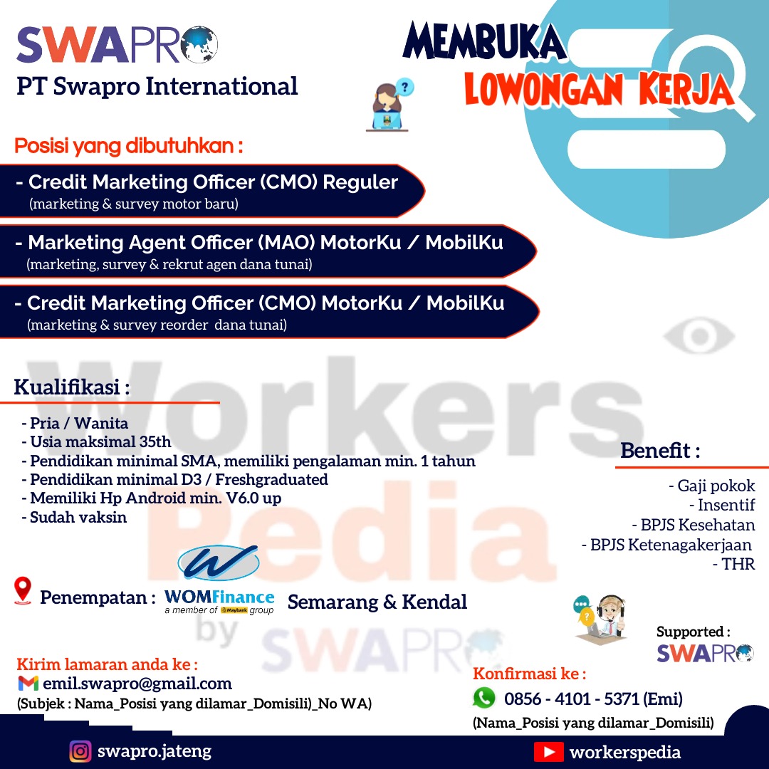 Credit Marketing Officer, Marketing Agent Officer  @ PT Swapro International