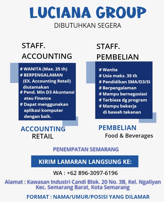Staff Accounting, Staff Pembelian, Accounting Retail, Pembelian Food & Beverages @ Luciana  Group