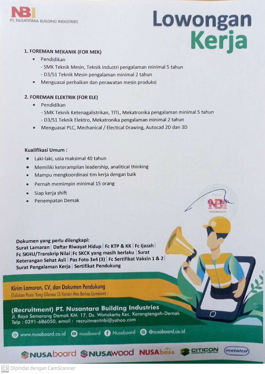 Foreman Mekanik & Elektrik @  SNI Group ( NBI )