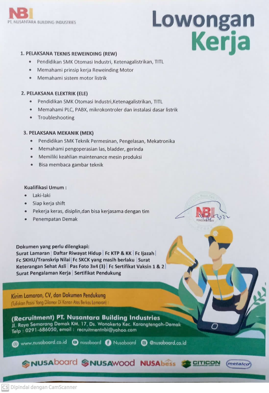 Pelaksana Teknis Reweiding, Elektrik, Mekanik @ SNI Group ( NBI )