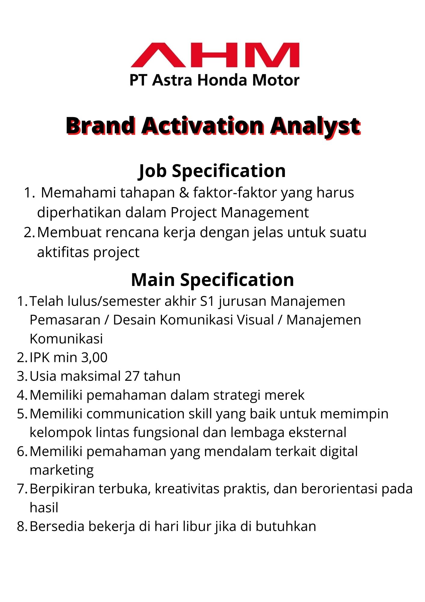 BrandActivation Analyst @ PT Astra Honda Motor