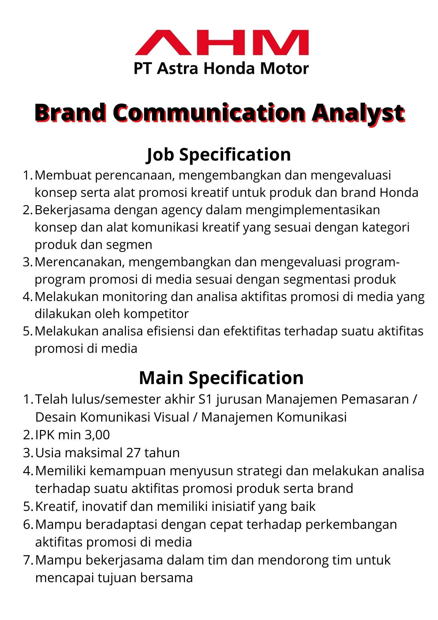 Brand Communication Analyst @ PT Astra Honda Motor