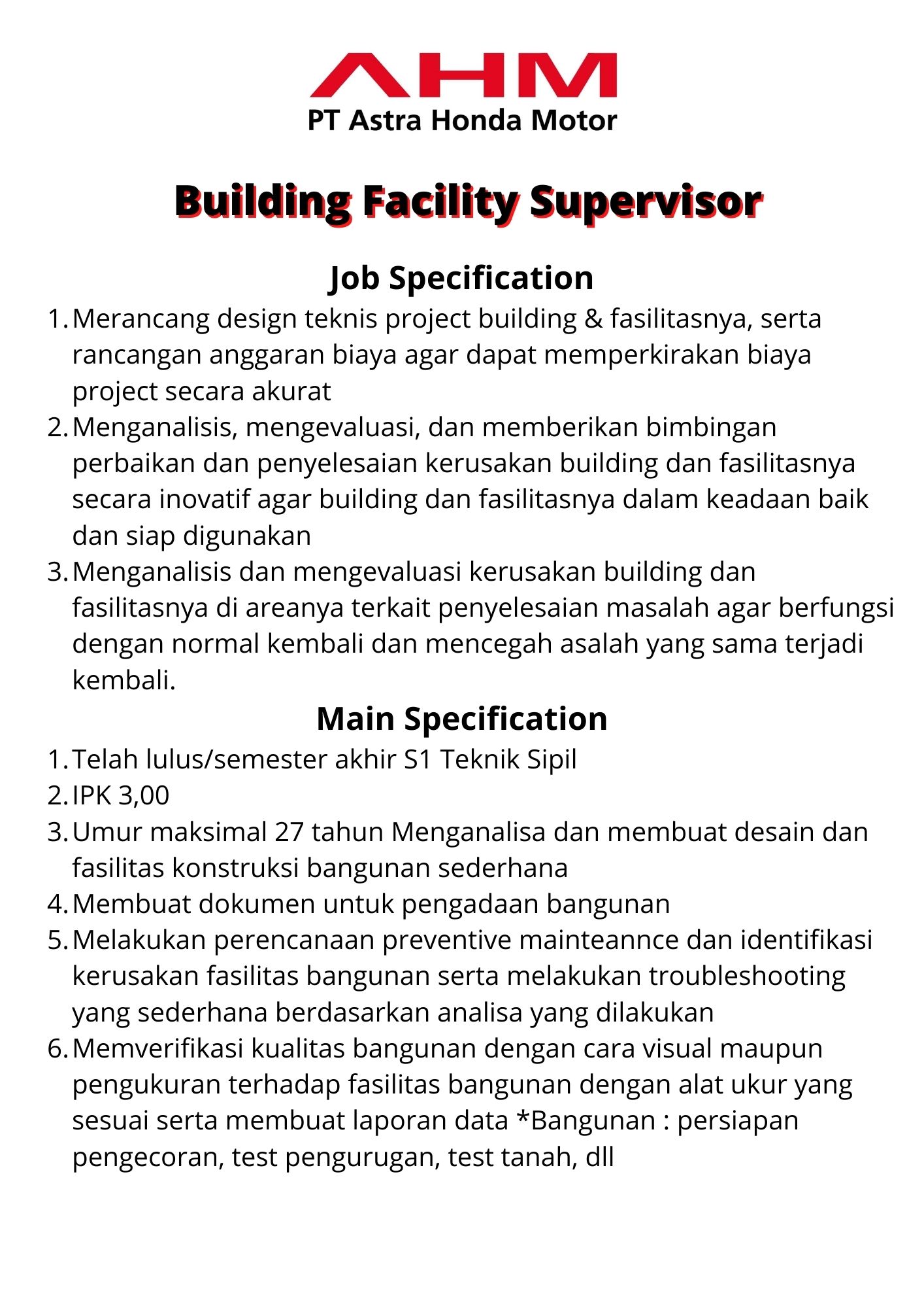 Building Facility Supervisor @ Astra Honda Motor