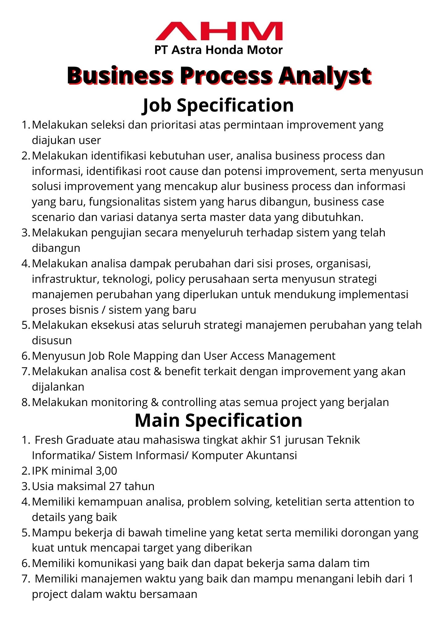 Business Process Analyst @ PT Astra Honda Motor
