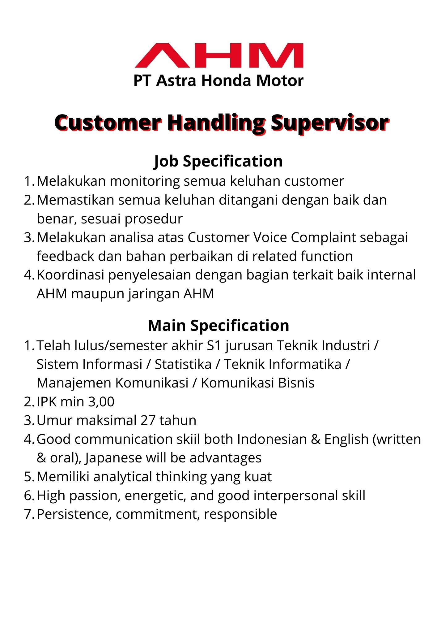 Customer Handling Supervisor @ PT Astra Honda Motor