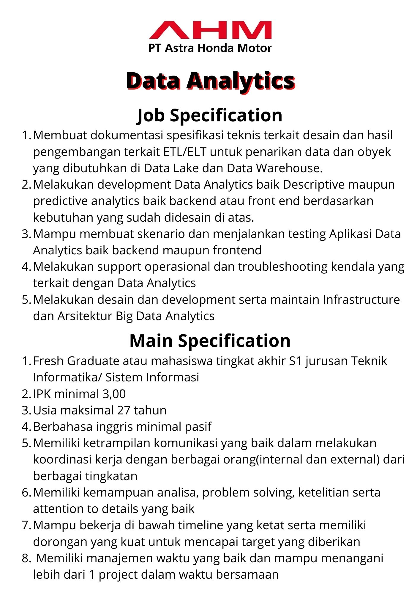 Data Analytics @ PT Astra Honda Motor