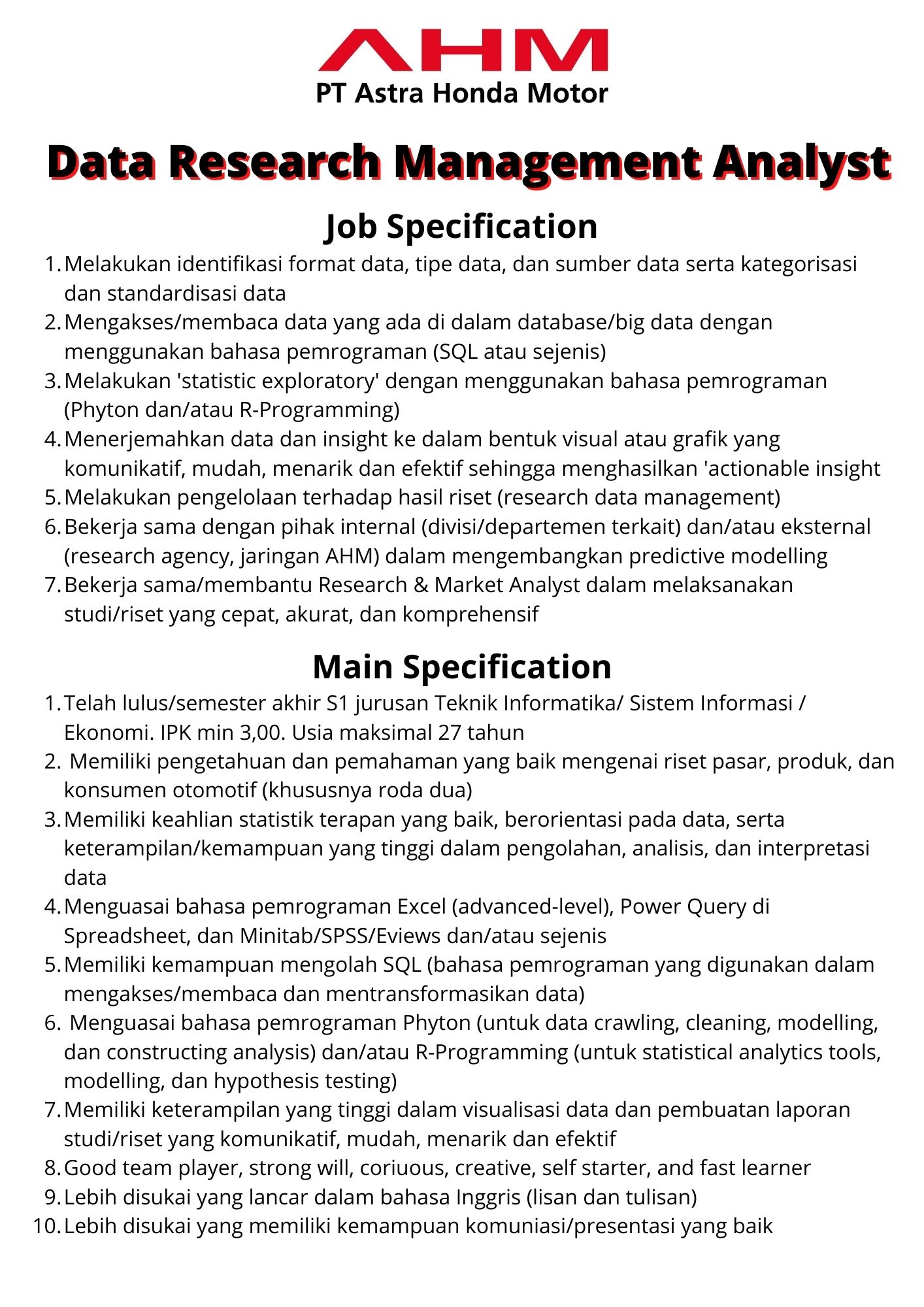 Data Research Management Analyst @ PT Astra Honda Motor