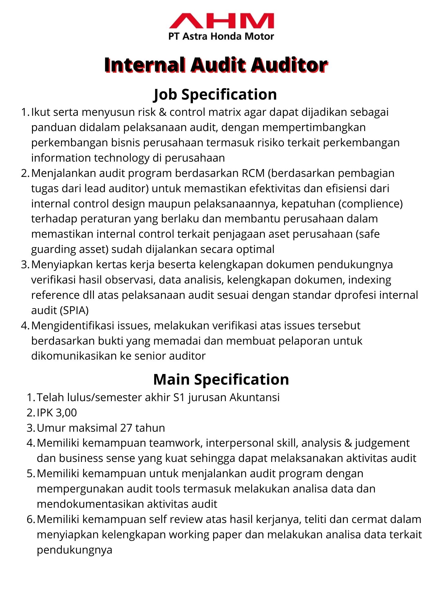 Internal Audit, Auditor @ PT Astra Honda Motor