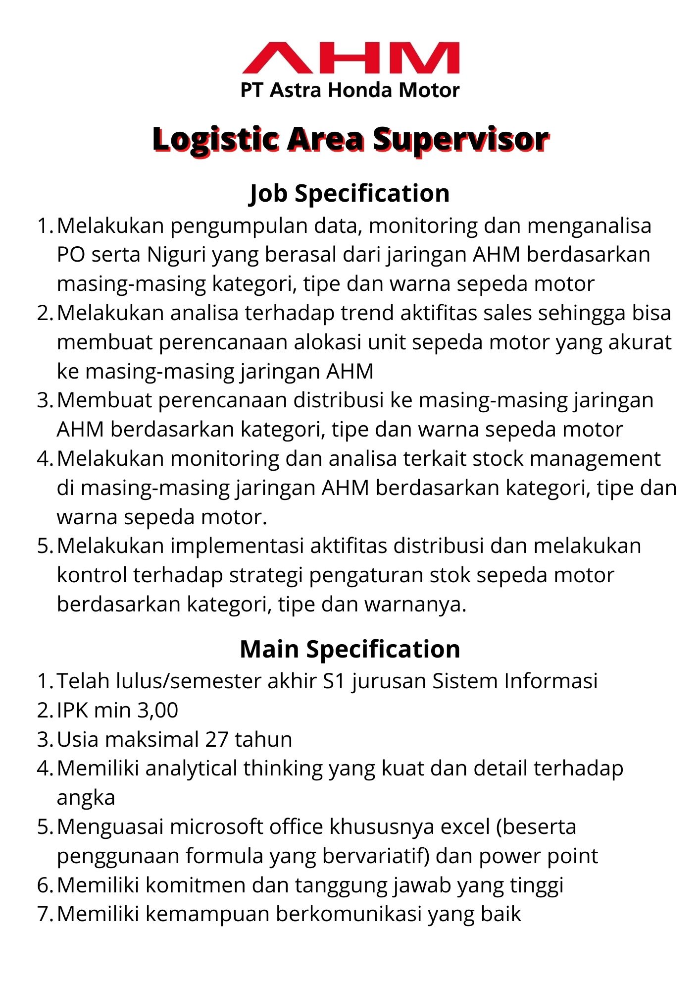 Logistic Area Supervisor @ PT Astra Honda Motor