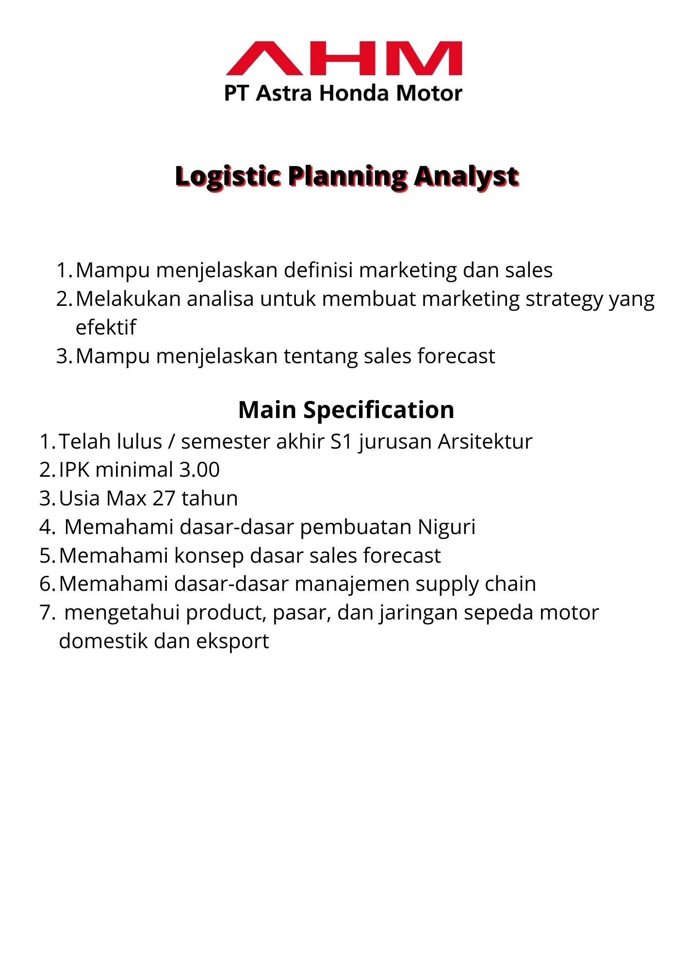 Logistic Planning Analyst @ PT Astra Honda Motor