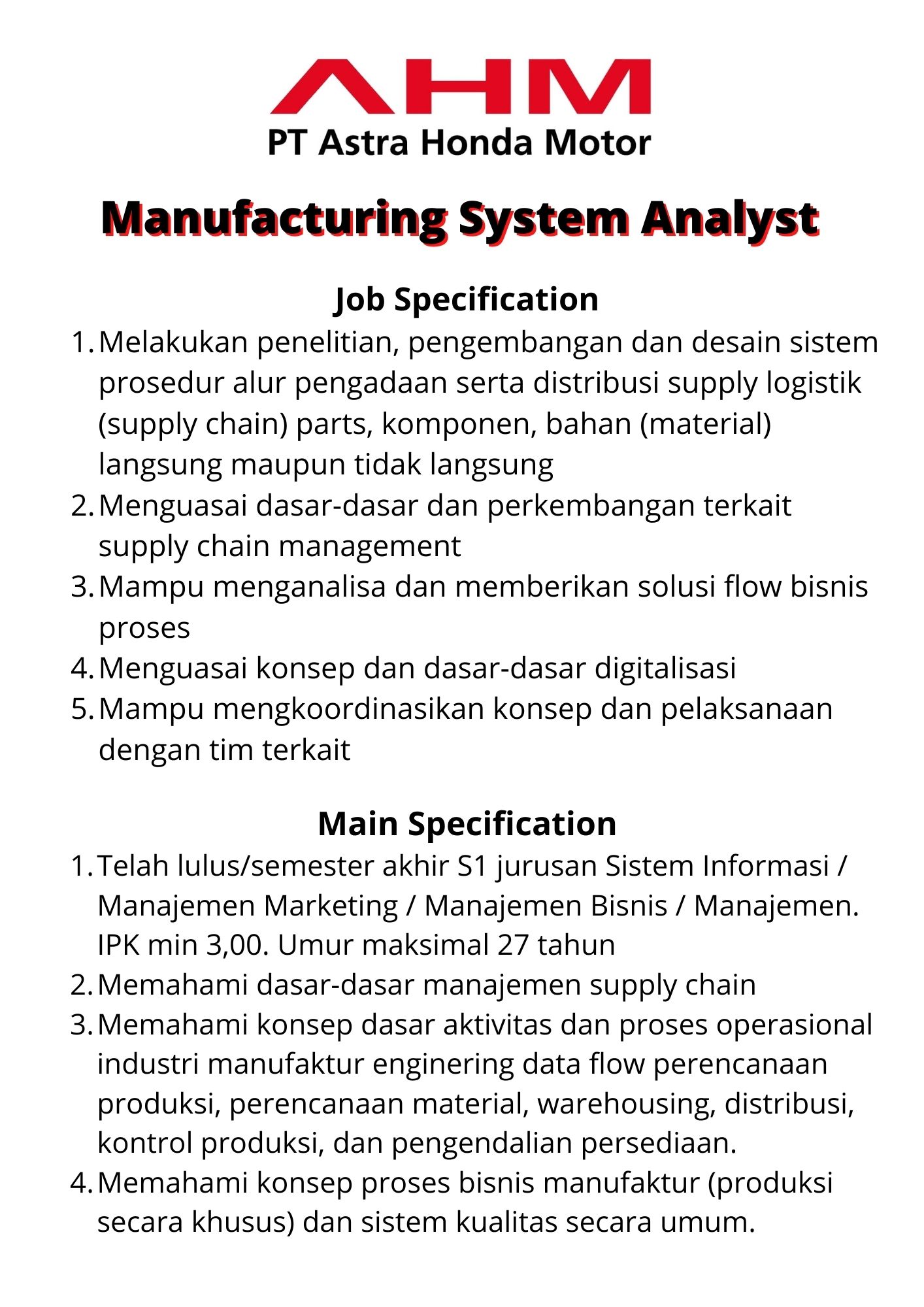 Manufacturing System Analyst  @ PT Astra Honda Motor