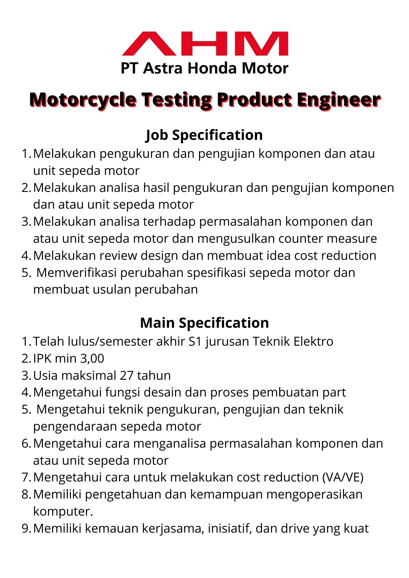 Motorcycle Testing Product Engineer @ PT Astra Honda Motor
