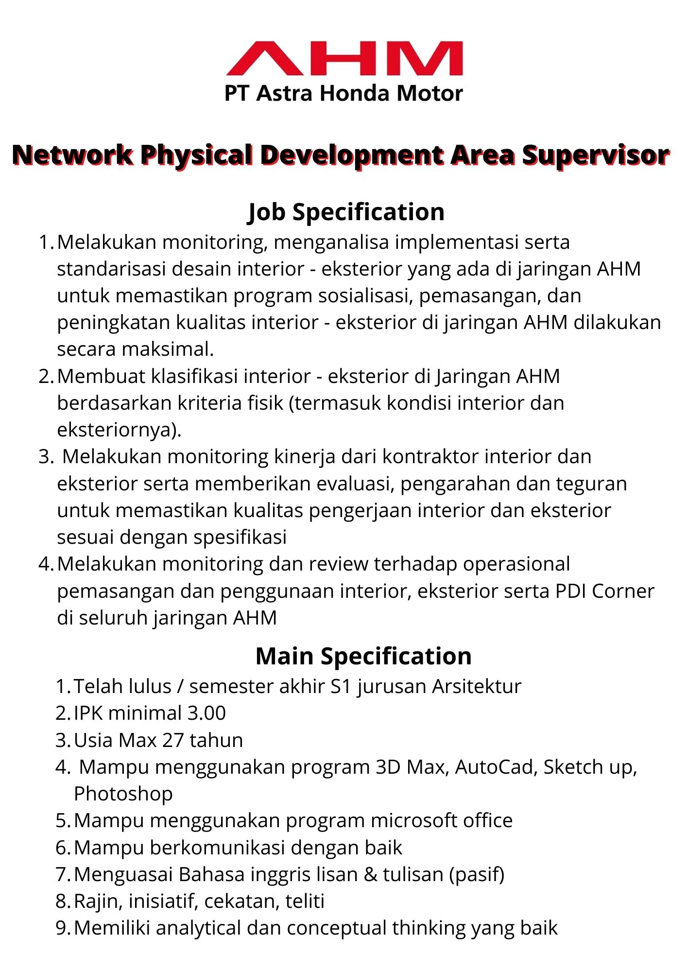 Network Physical Development Area Supervisor @ PT Astra Honda Motor