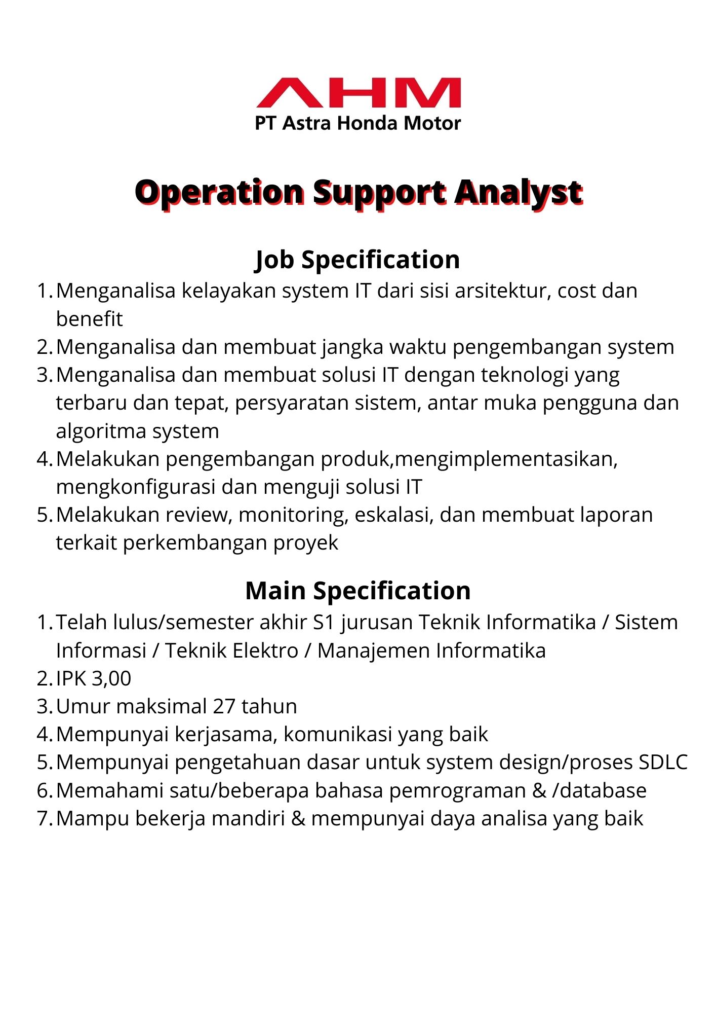 Operation Support Analyst @ PT Astra Honda Motor