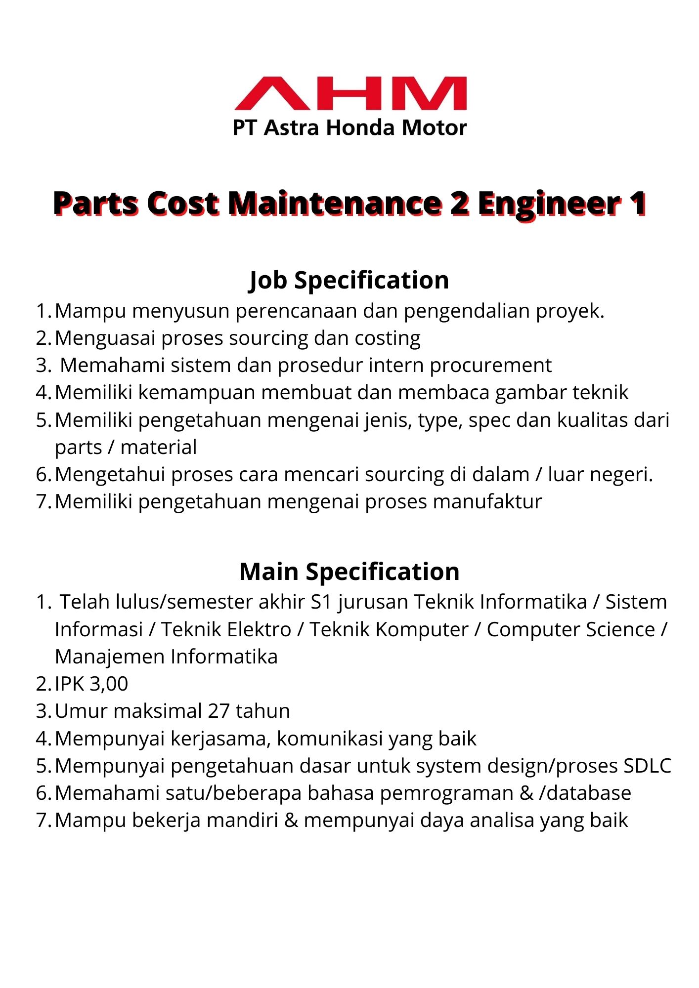 Parts Cost Maintenance 2 Engineer 1 @ PT astra Honda Motor
