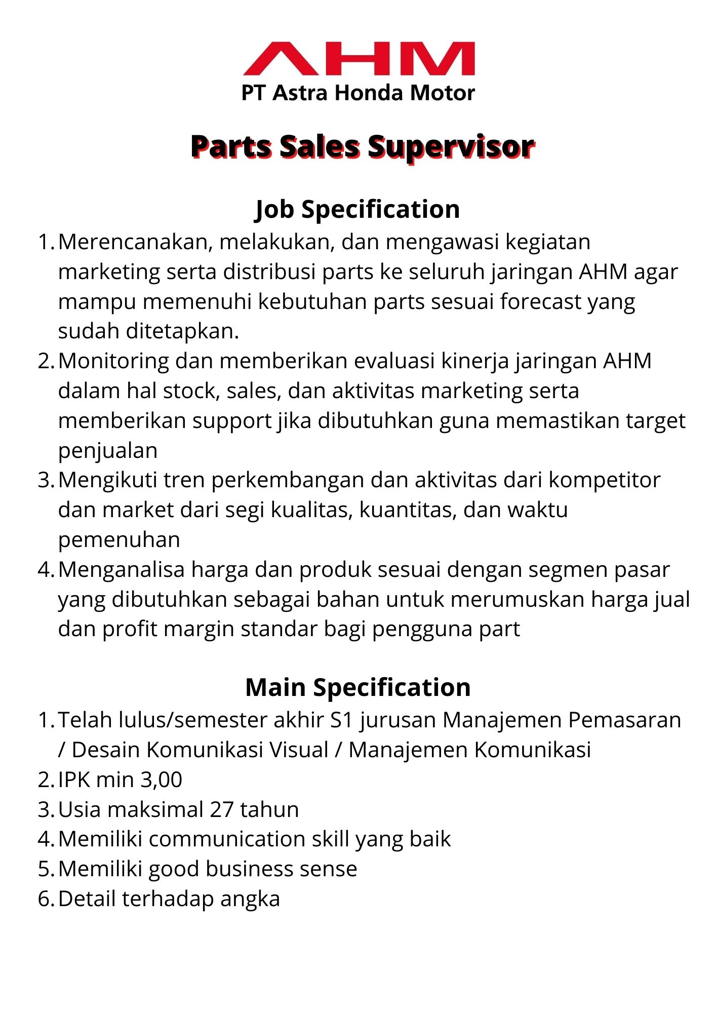 Parts Sales Supervisor @ PT Astra Honsa Motor
