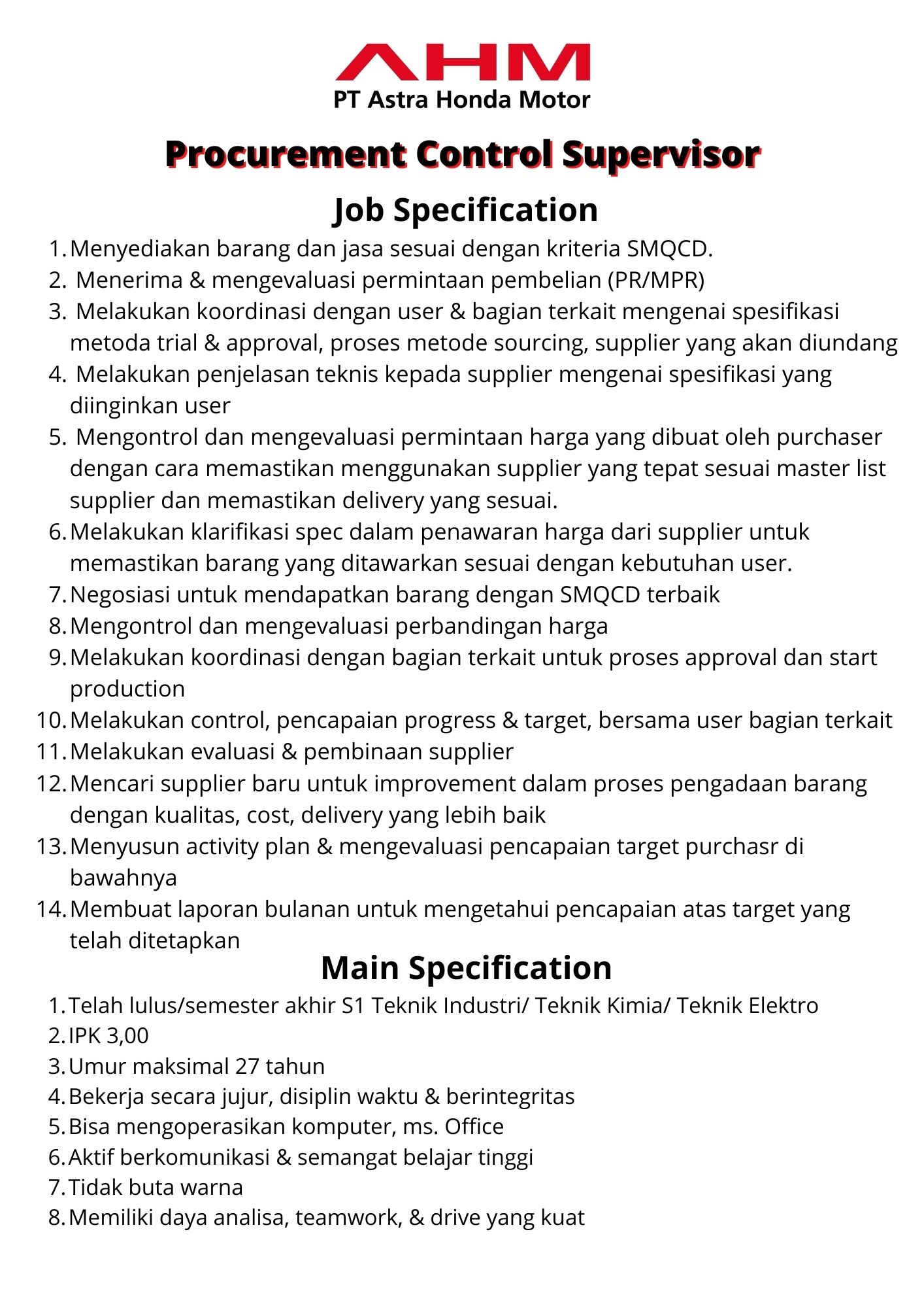Procurement Control Supervisor @ PT Astra Honda Motor