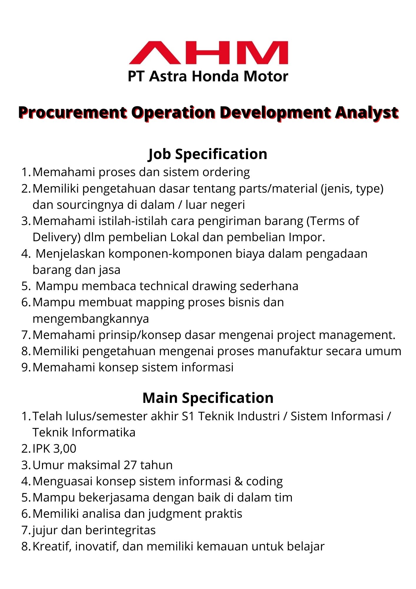 Procurement Operation Development Analyst @ PT Astra Honda Motor