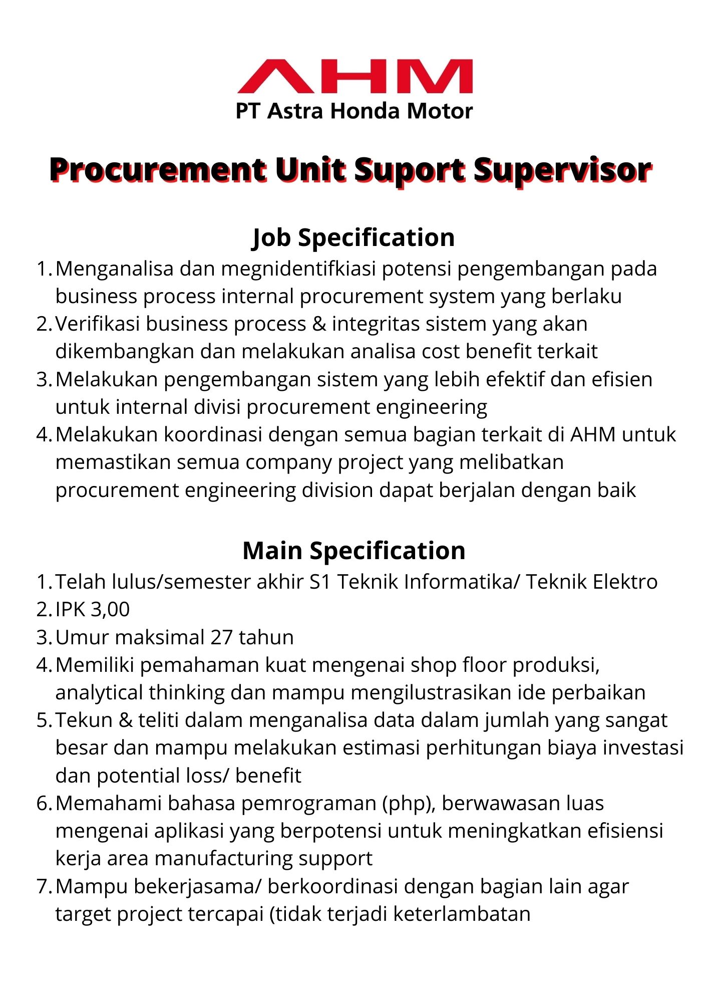 Procurement Unit Suport Supervisor @ PT Astra Honda Motor