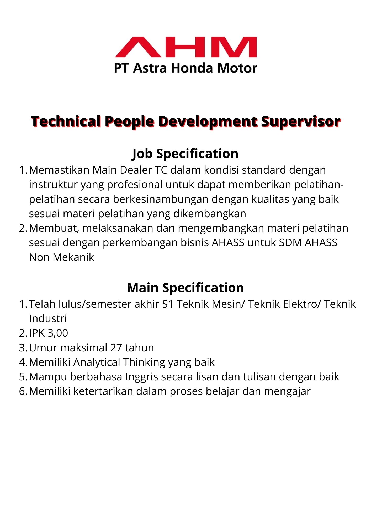 Technical People Development Supervisor @ PT Astra Honda Motor