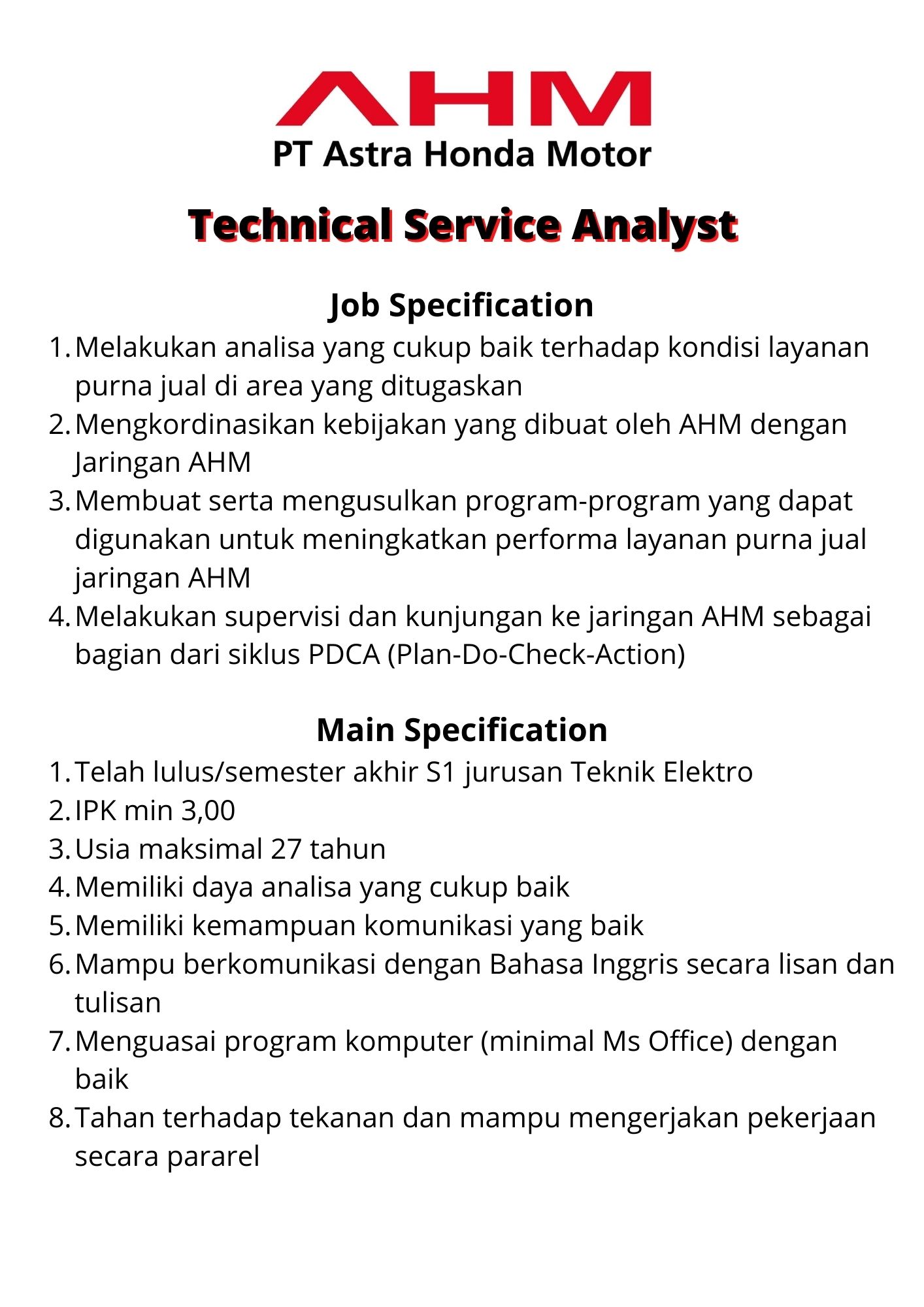 Technical Service Analyst @ PT Astra Honda Motor