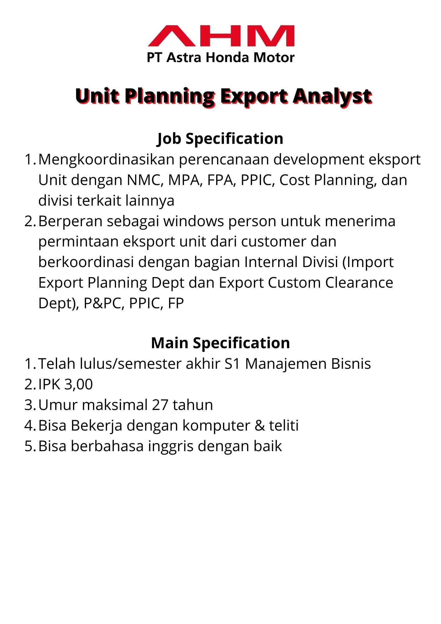 Unit Planning Export Analyst @ PT Astra Honda Motor