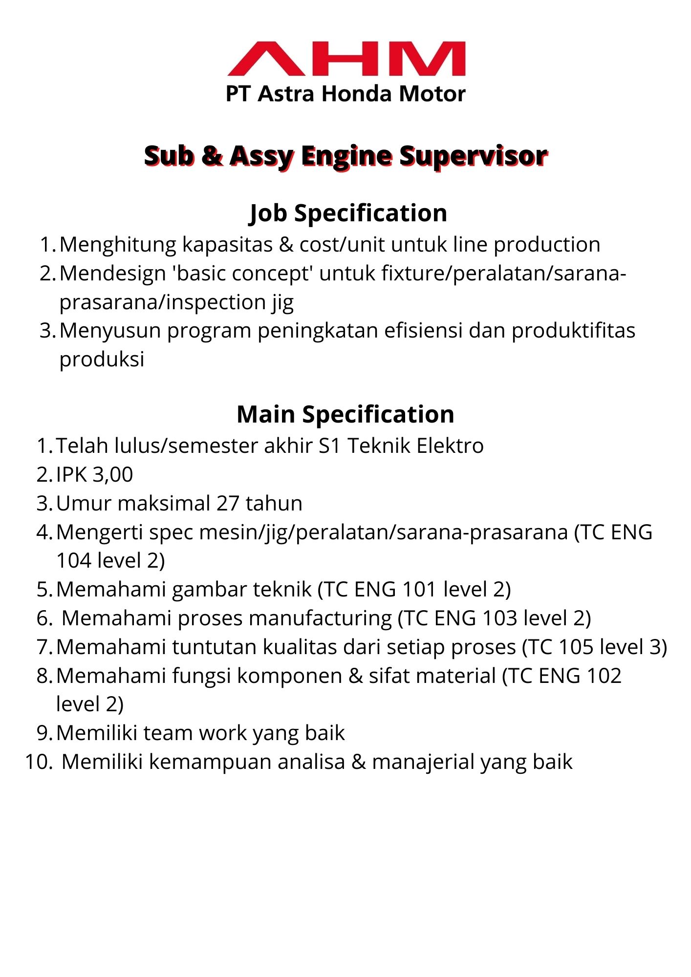 Sub & Assy Engine Supervisor @ PT Astra Honda Motor