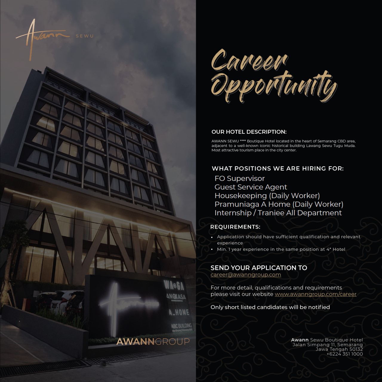 FO Supervisor, Guest Service Agent, Houskeeping, Pramuniaga Home @ Awann Group