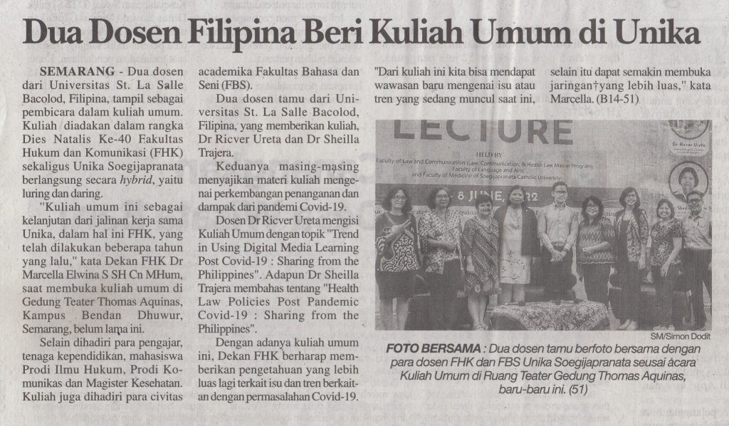 Dua Dosen Filipina Beri Kuliah Umum di Unika Soegijapranata