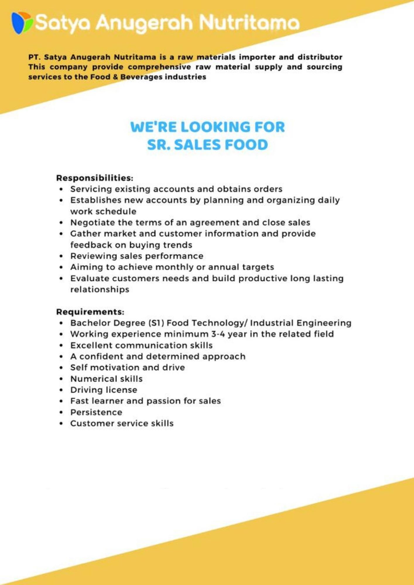 SR Sales Food @ Satya Anugerah Nutritama