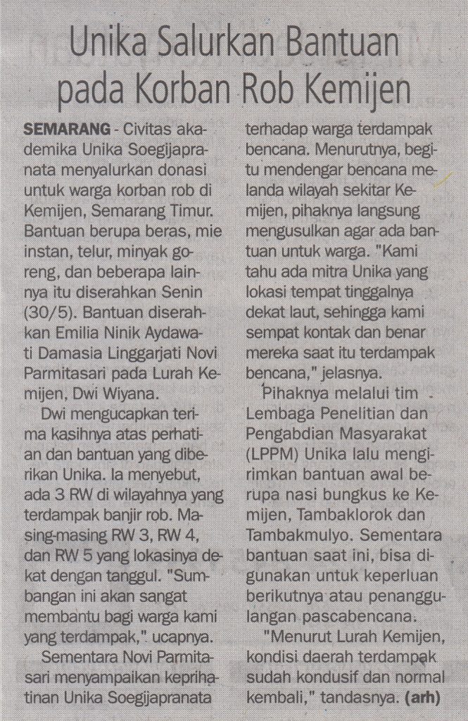 Unika Salurkan Bantuan pada Korban Rob Kemijen