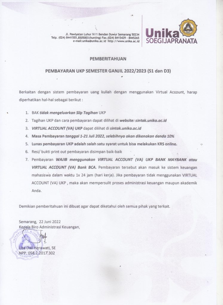 Pemberitahuan: Pembayaran UKP Semester Ganjil 2022/2023 – Program D3, S1, S3 dan S3