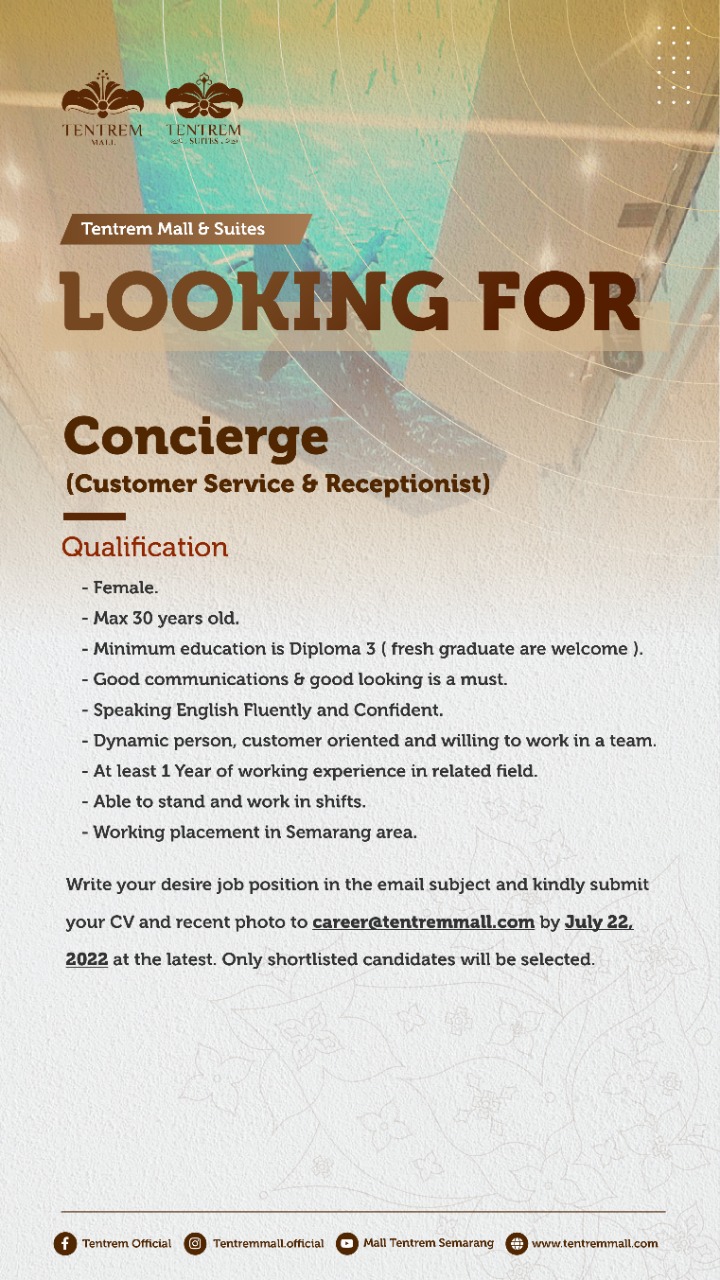 Concierge ( Customer Service Receptionist) @ Tentrem Mall