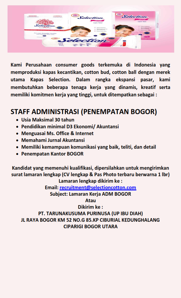 Staff Administrasi @ PT Tarunakusuma Purinusa