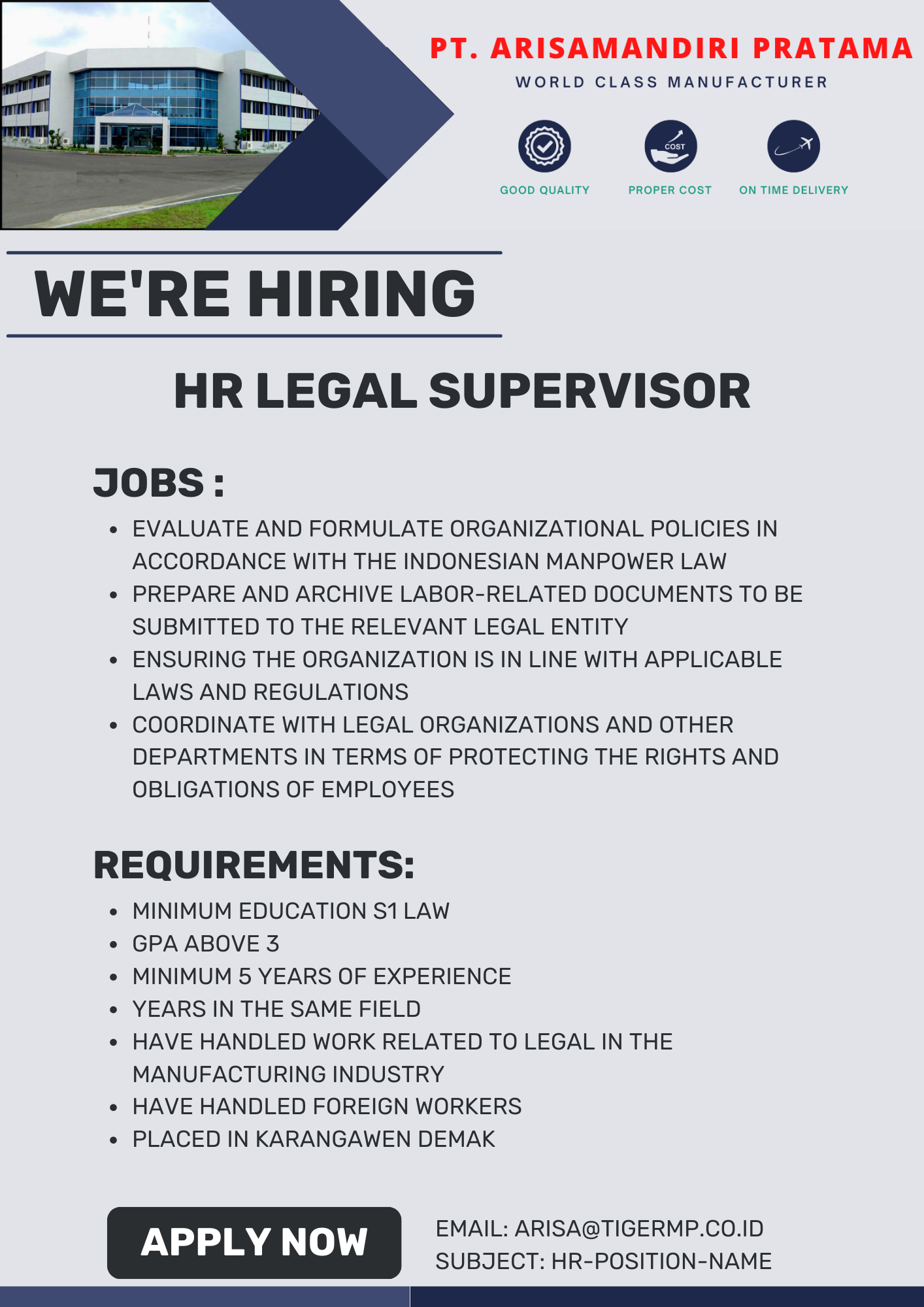 HR Legal Supervisor @ PT Arismandiri Pratama