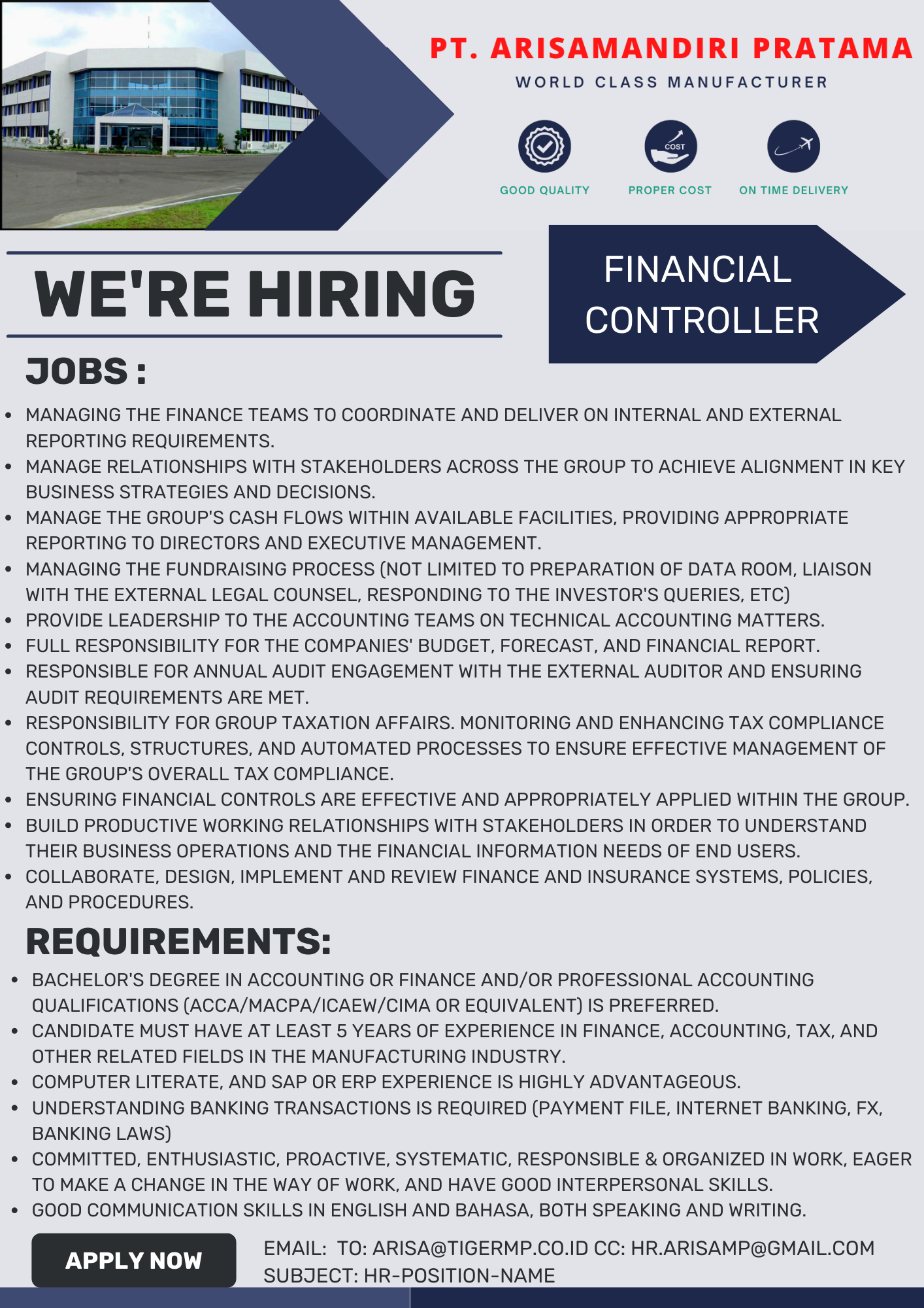 FINANCIAL CONTROLLER @ PT ARISAMANDIRI PRATAMA
