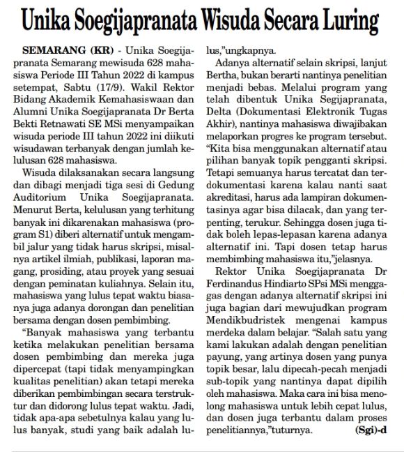 Unika Soegijapranata Wisuda Secara Luring
