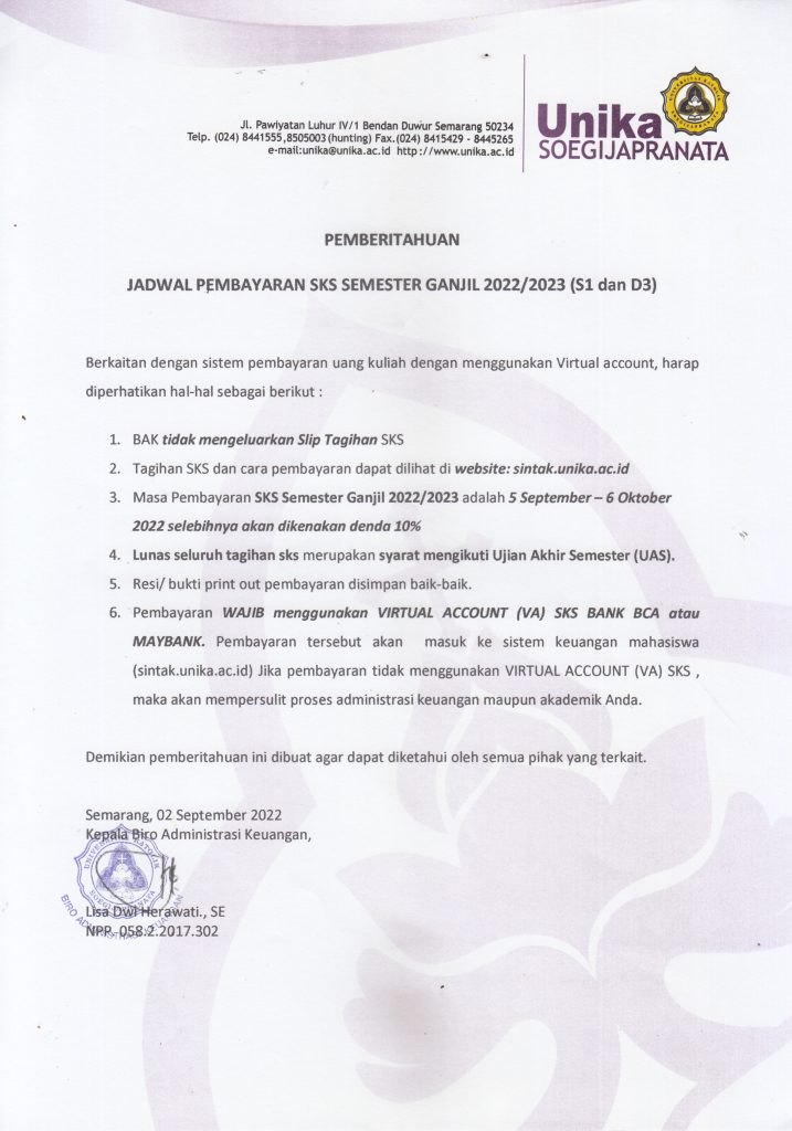 Jadwal Pembayaran SKS Semester Ganjil 2022/2023 (D3 dan S1) Jadwal Pembayaran SKS Semester Ganjil 2022/2023 (D3 dan S1)
