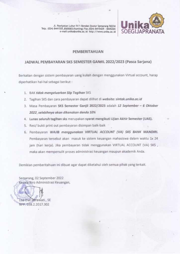 Jadwal Pembayaran SKS Semester Ganjil 2022/2023 (Pascasarjana)