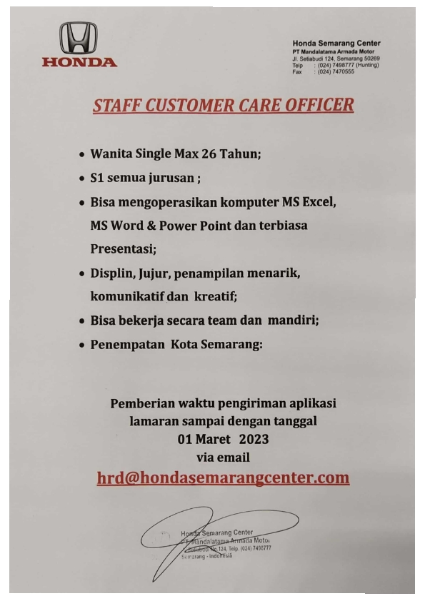 Staff Customer Care Officer @HONDA SEMARANG CENTER