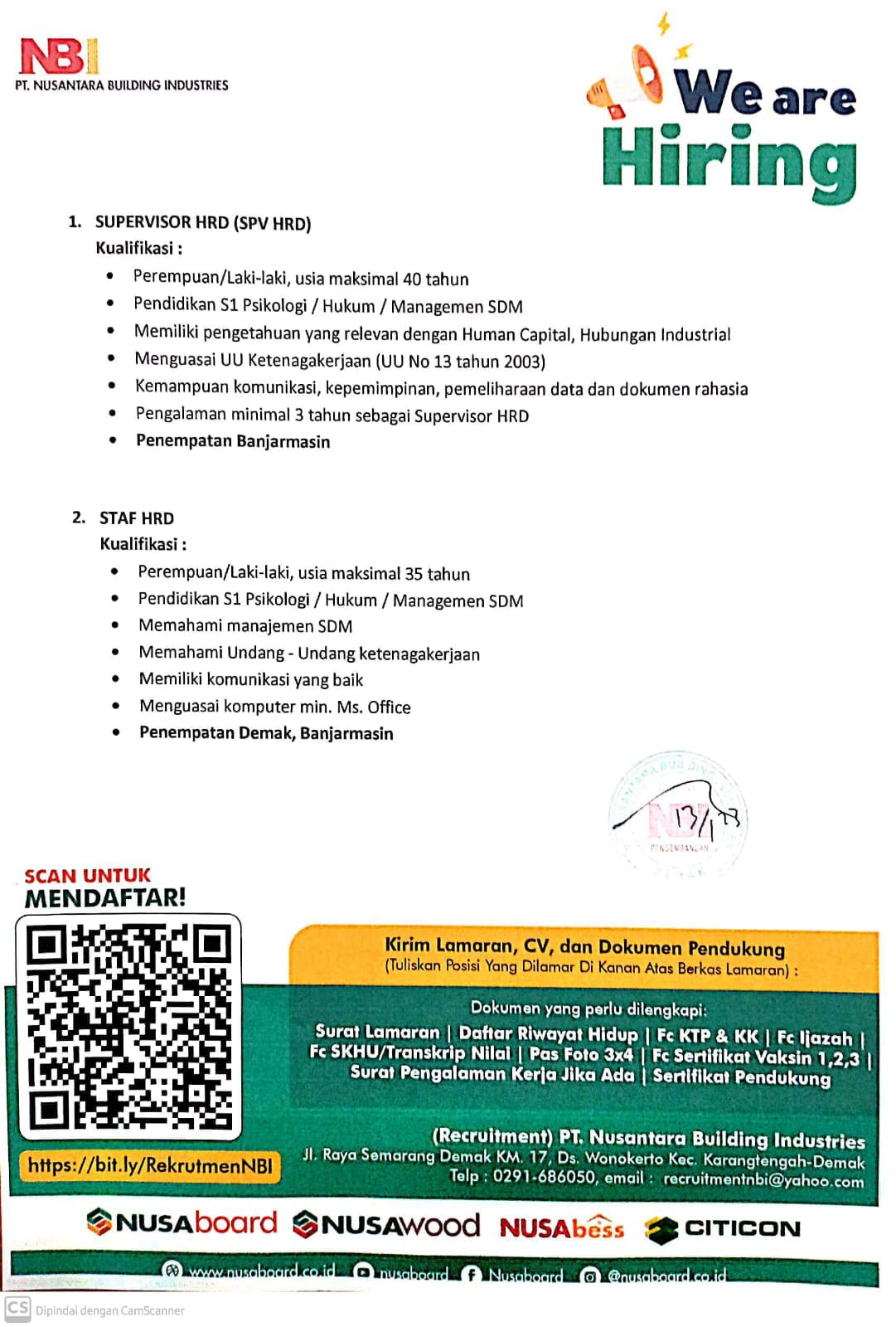 Supervisor HRD, Staff HRD, Kepala Gudang, Staff Pajak @PT NUSANTARA BUILDING INDUSTRIES
