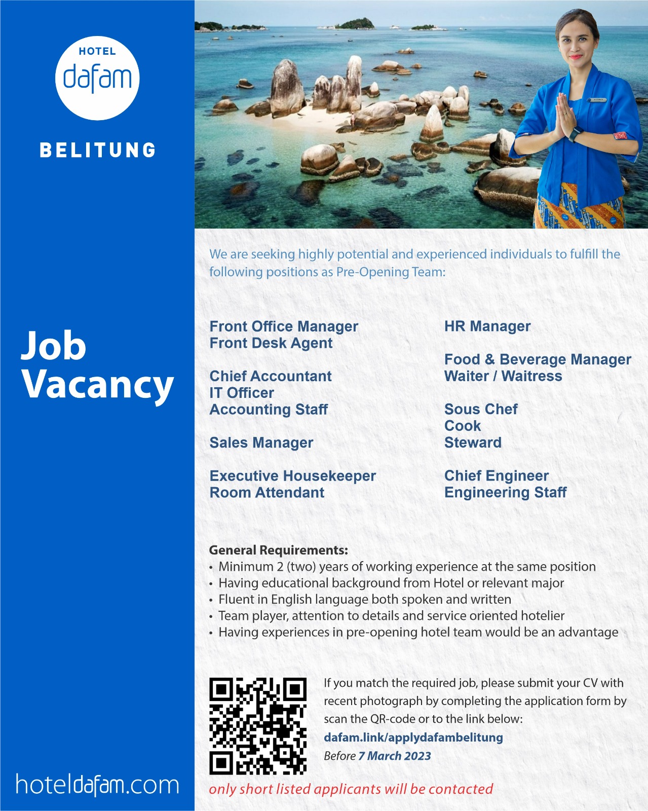 HR Manajemen, Front Office, cook @HOTEL DAFAM