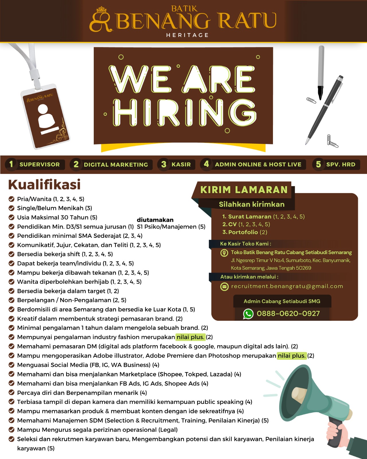 SPV HRD, Supervisor, Digital Marketing, Kasir, Admin Hotline @BATIK BENANG RATU