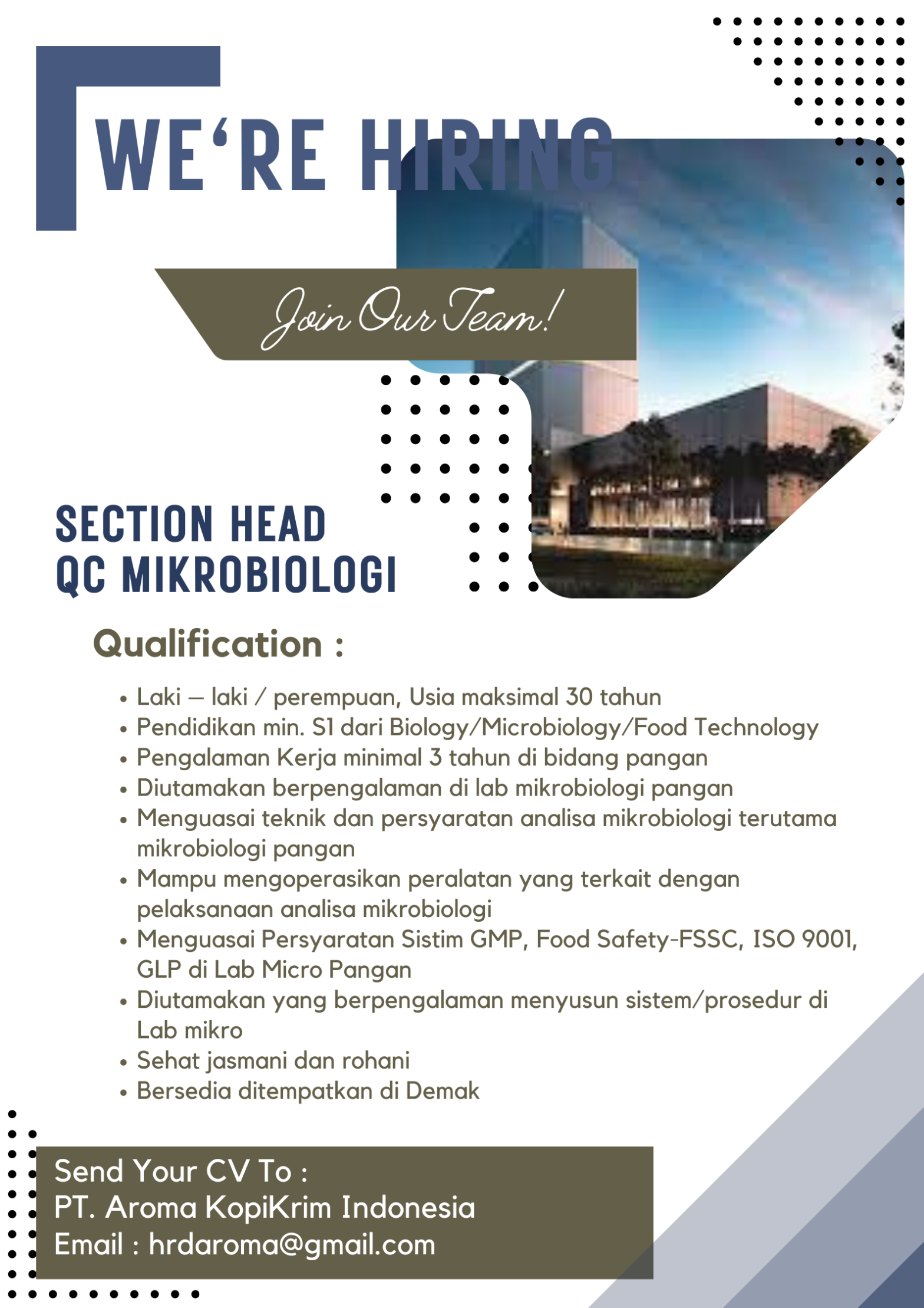 Secsion Head  & QC Microbiologi @PT. AROMA KOPIKRIM INDONESIA