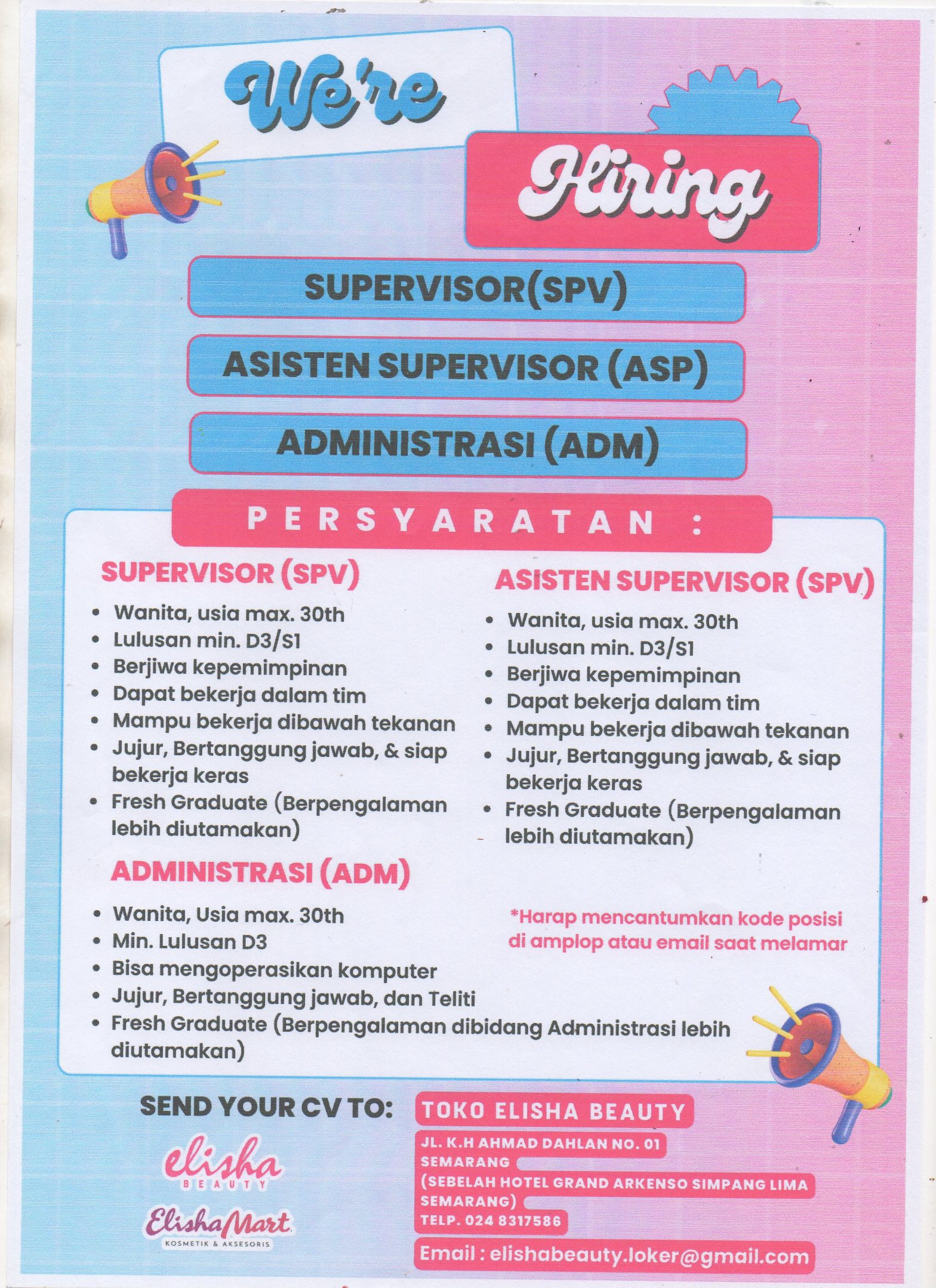 Supervisor, Asst Supervisor & Adminstrasi @TOKO ELISHA BEAUTY